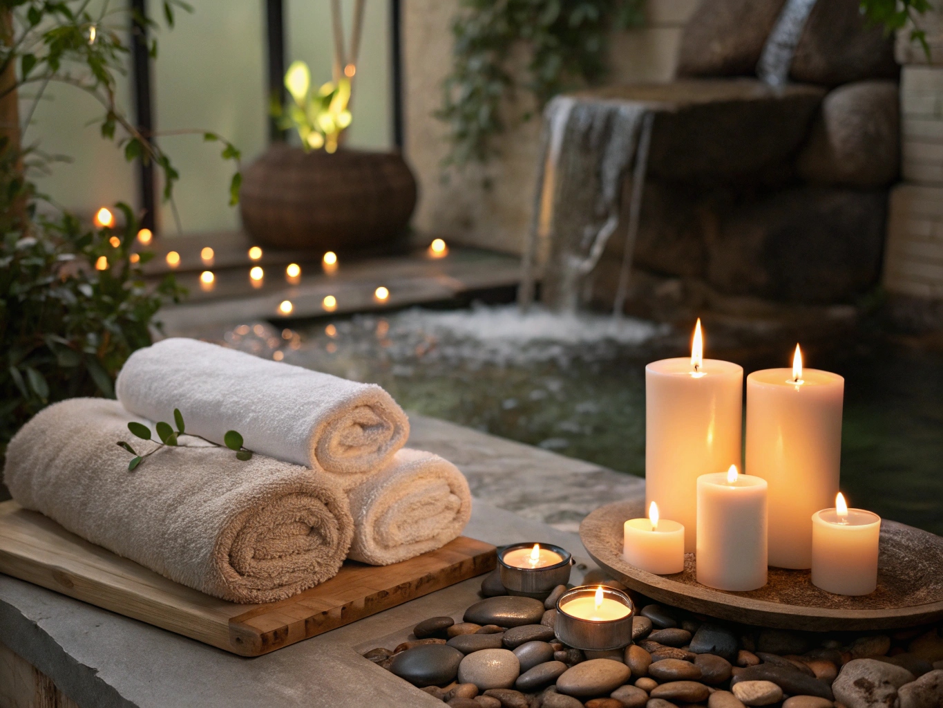 Serene spa omgeving met kaarsen en handdoeken